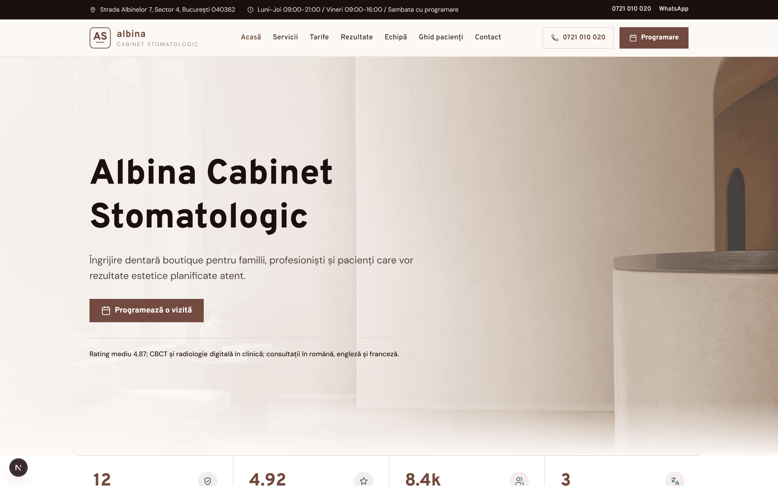 Albina Cabinet Stomatologic, Site clinică, navigație după intenție, tabel tarife live, fișe medici