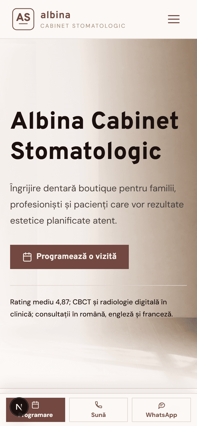 Hero mobil cu o bară sticky de booking jos (Programare / Sună / WhatsApp), singurul pattern mobil cu adevărat util pentru orice afacere bazată pe programări.