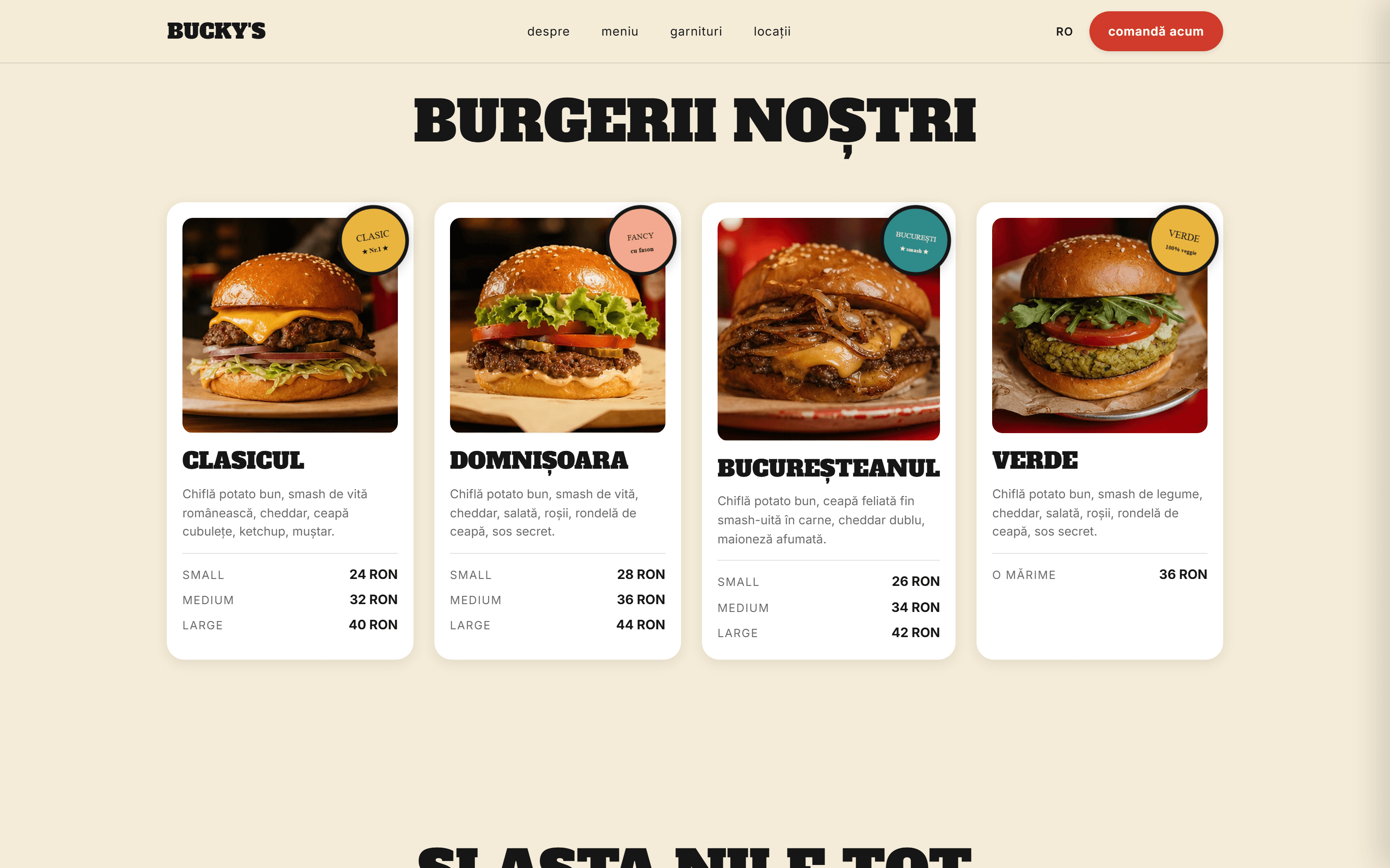 Patru cărți de burger pe crem: fotografie de produs, sticker desenat de mână (CLASIC ★, FANCY cu fason) și un tabel SMALL / MEDIUM / LARGE. Detaliul care îi dă caracter paginii.
