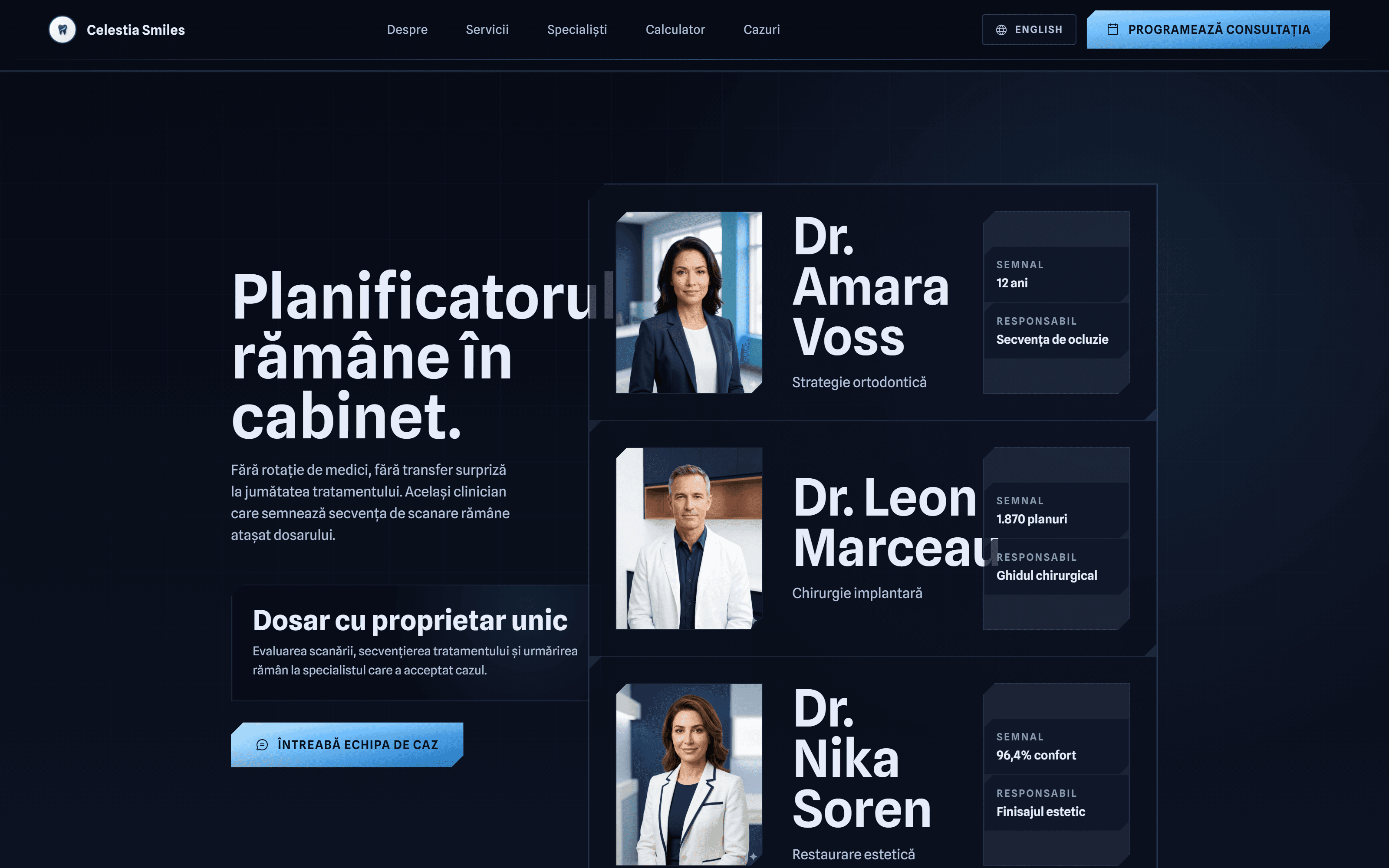 Trei carduri de specialist pe fundal de command-room. Headline-ul «Planificatorul rămâne în cabinet» și panoul «Dosar cu proprietar unic» stabilesc argumentul de încredere înainte ca portretele să apară.