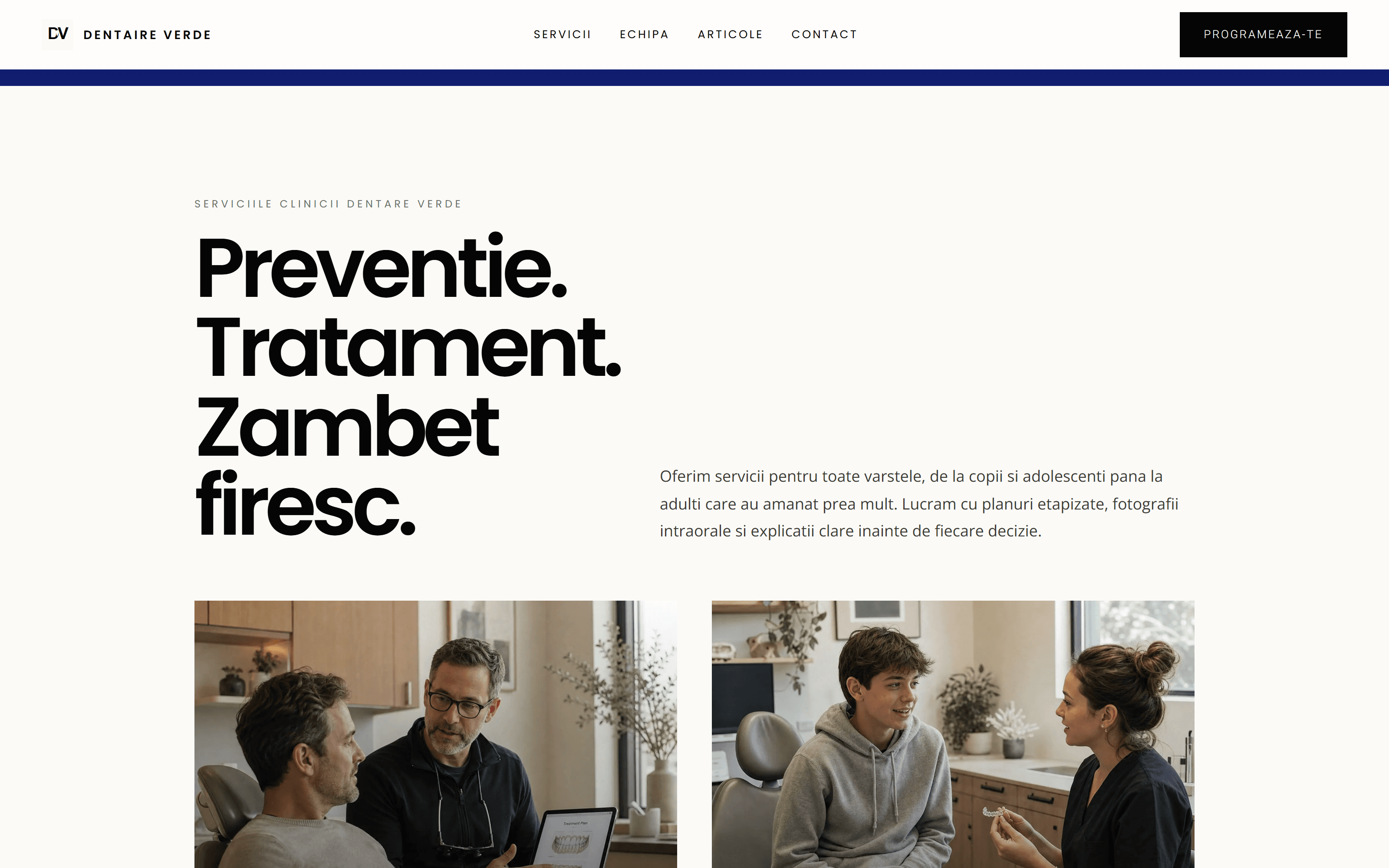 Bloc display ultra-bold stivuit («Prevenție. / Tratament. / Zâmbet firesc.»), aliniat la stânga, cu fotografie de pacient și copy descriptiv pe jumătatea dreaptă.
