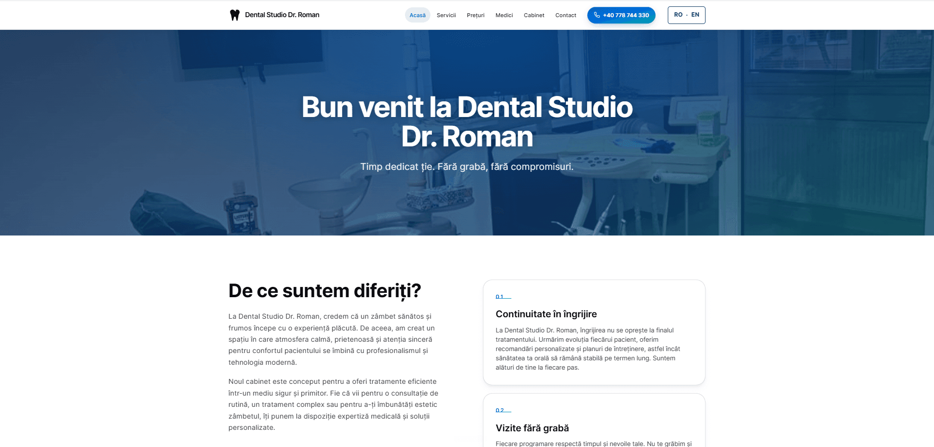 Dental Studio Dr. Roman — Site bilingv, pagini de tratamente, programări, GDPR medical