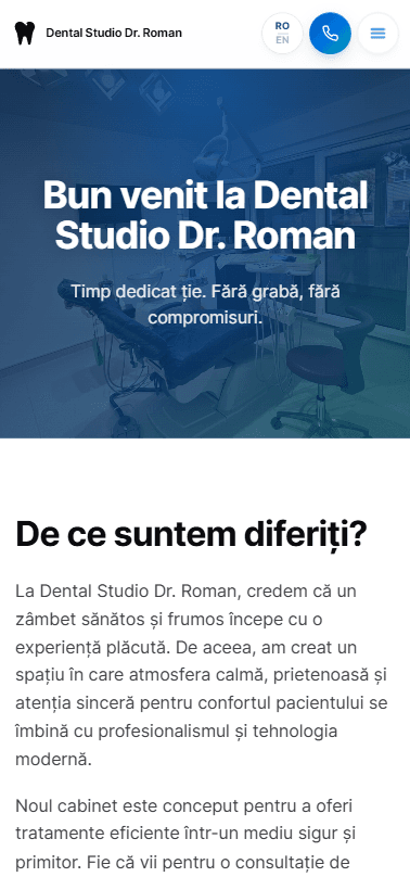 Hero pe mobil: logo plus comutator RO/EN și un buton albastru de telefon, headline-ul curge curat pe trei rânduri, totul rămâne calm pe 360px și mai jos.