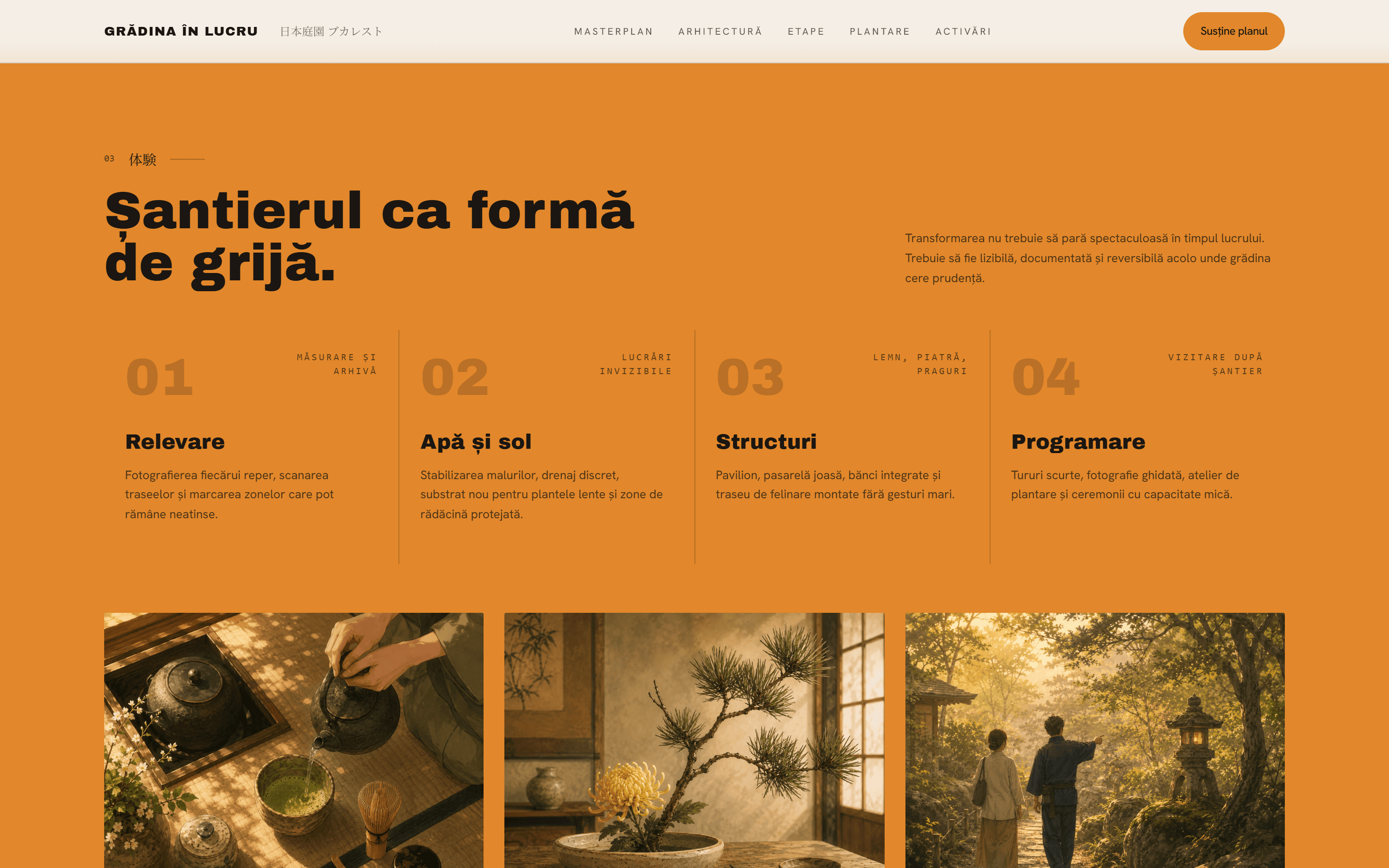 Secțiunea amber. Grila de patru faze de construcție (01 Relevare → 04 Programare); numeralele monocrome la 6xl, setate la 20% opacitate, fac un watermark tipografic care comunică succesiunea fără strigăt.