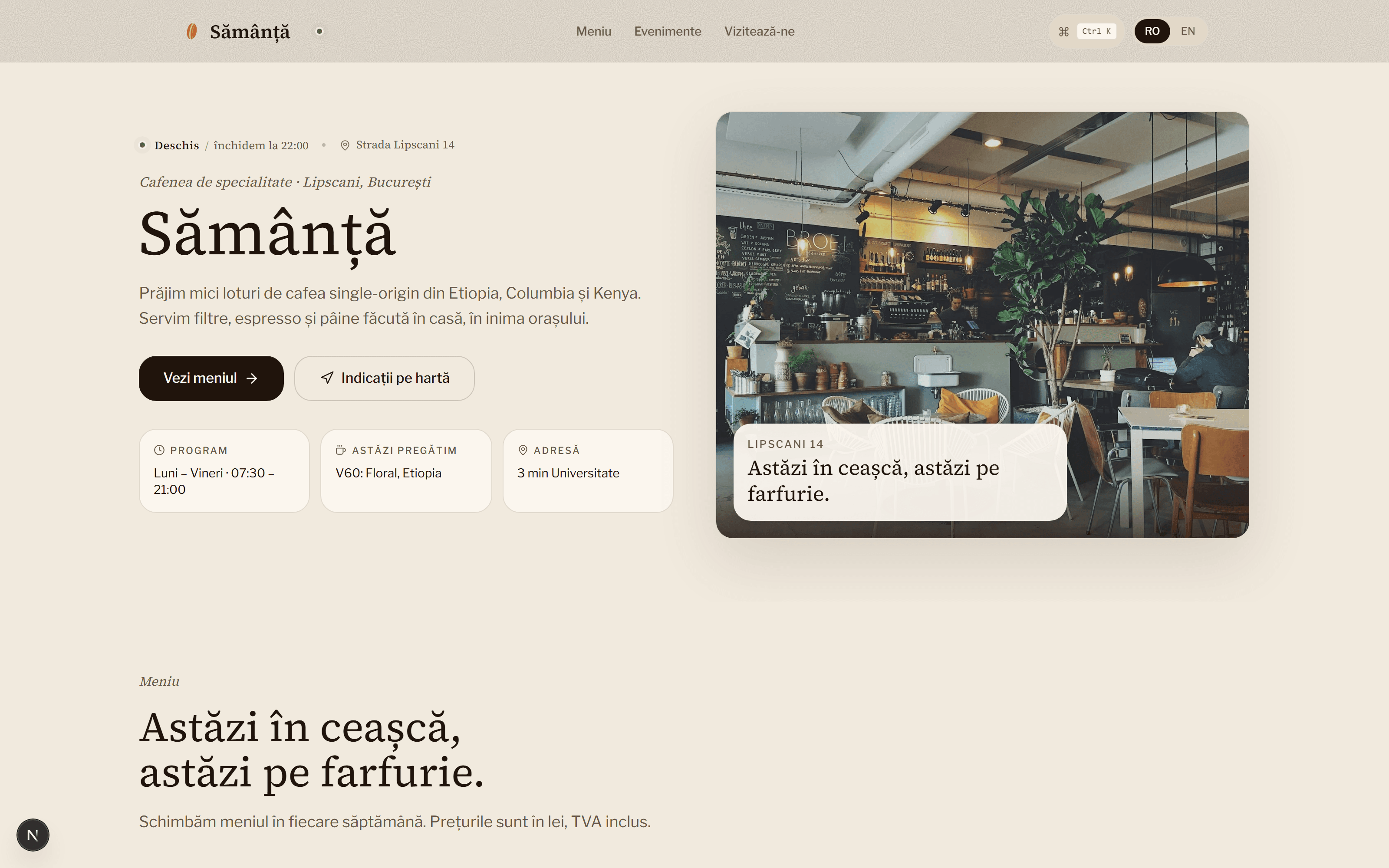 Sămânță Specialty Cafe, Site brand, meniu, evenimente, rezervări, hartă