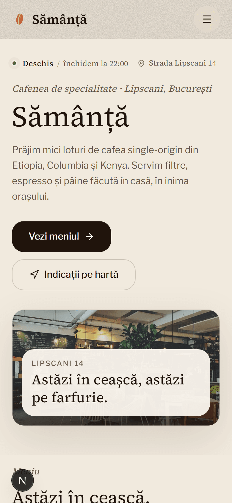 Hero mobil. Fotografia se aranjează sub copy și umple lățimea; pill-urile de filtru, iconul de drawer și pill-ul de status sunt compuse pentru un singur deget. Nimic nu deborează.